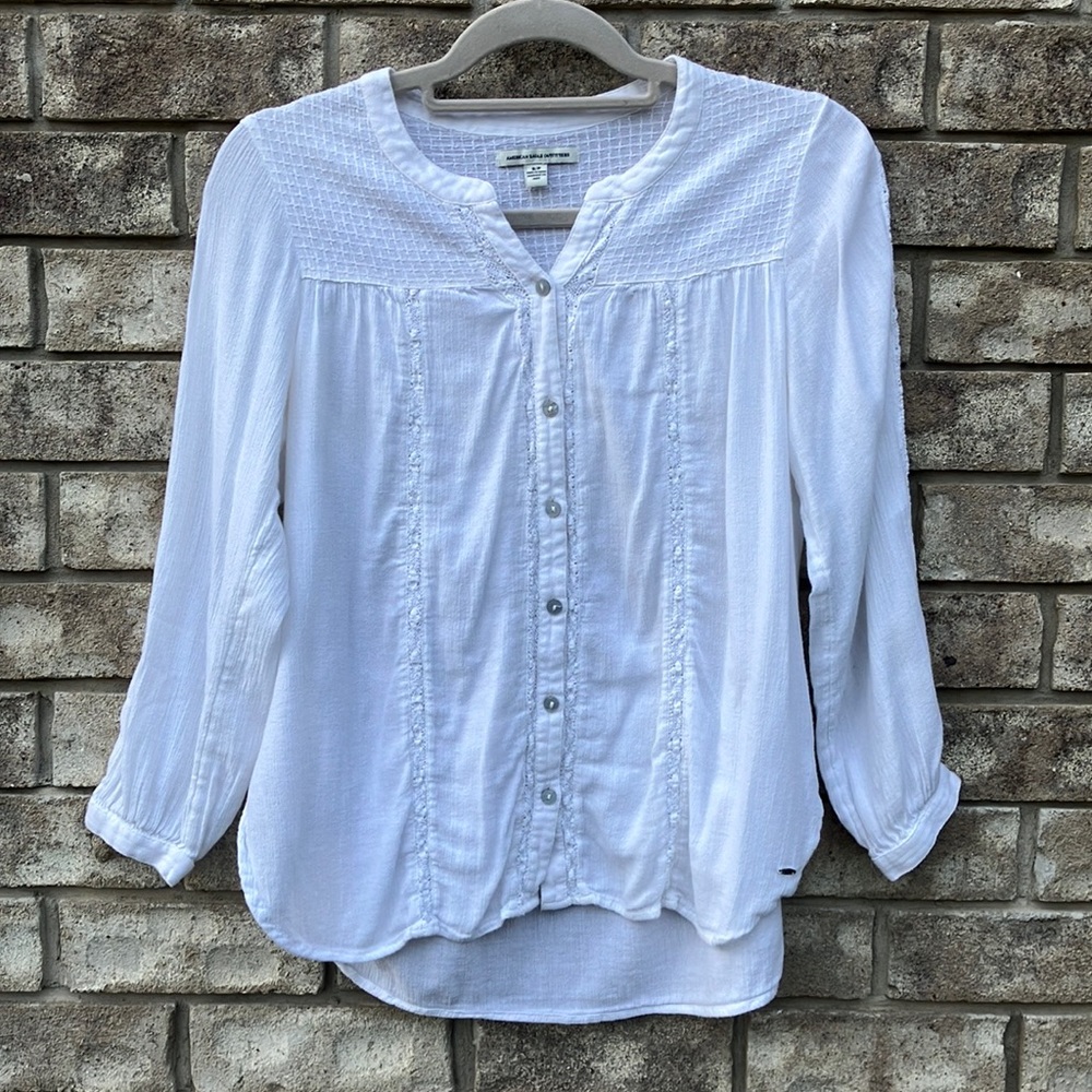 American Eagle Cotton Lace Detail Button Up Blouse